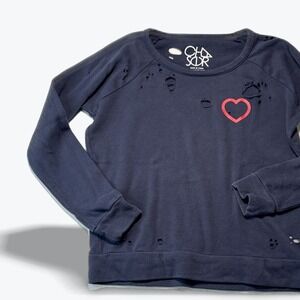 Chaser Distressed Sweatshirt Streetwear Heart Graphic Navy Blue Womens Small